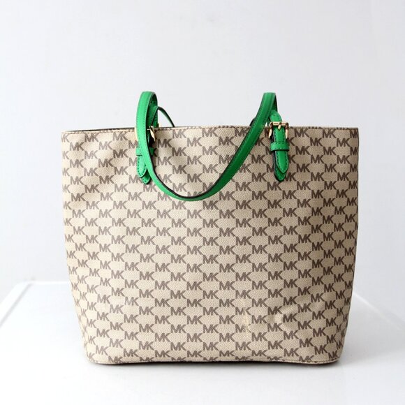 Michael Kors Monogram Canvas Tote Bag with Green Leather Handles - Picture 6 of 16